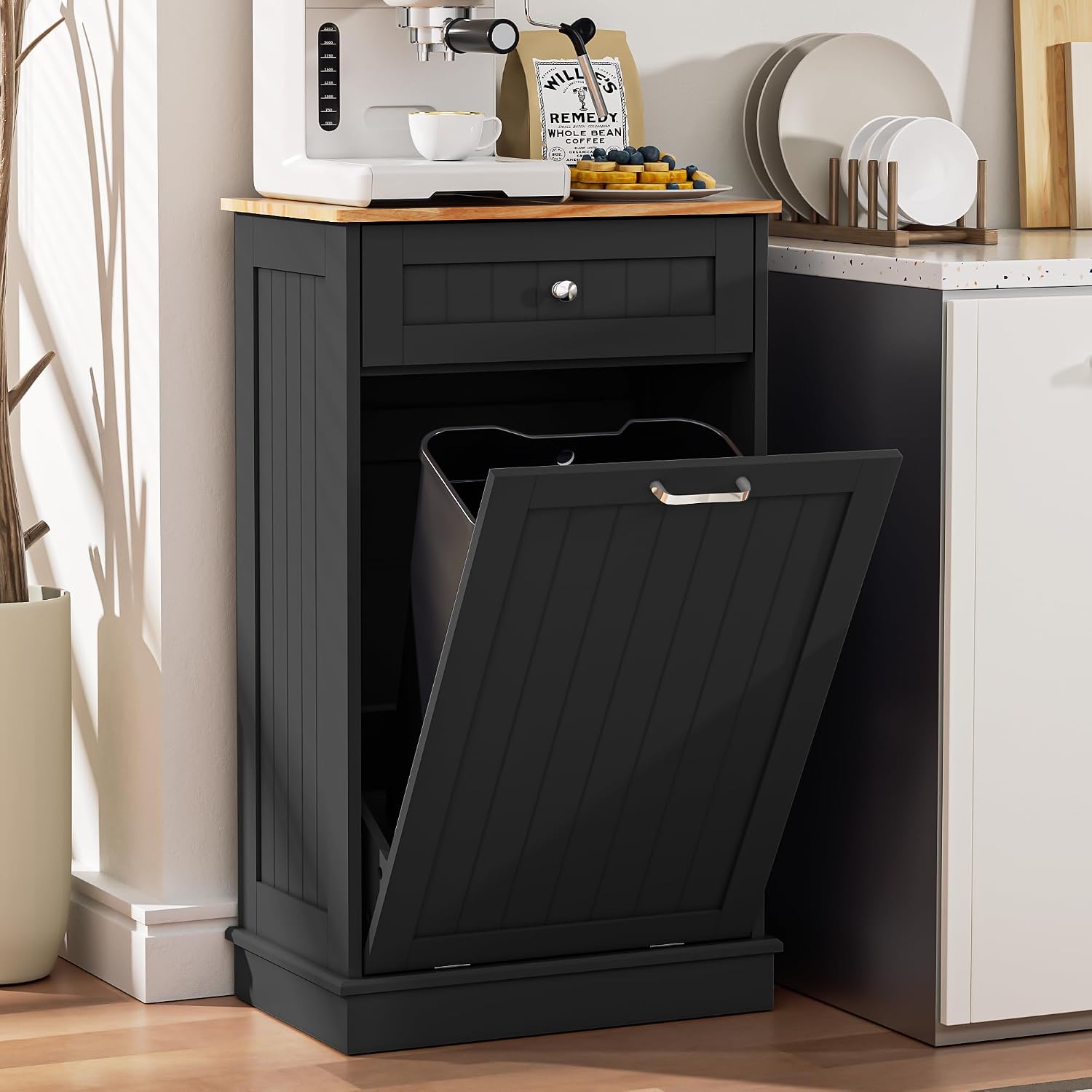 13 Gallons Tilt Out Trash Cabinet Freestanding Kitchen Hidden Trash Bin Cabinet with Hideaway Drawer Pet Proof Trash Can Holder for Kitchen Living Room, Black