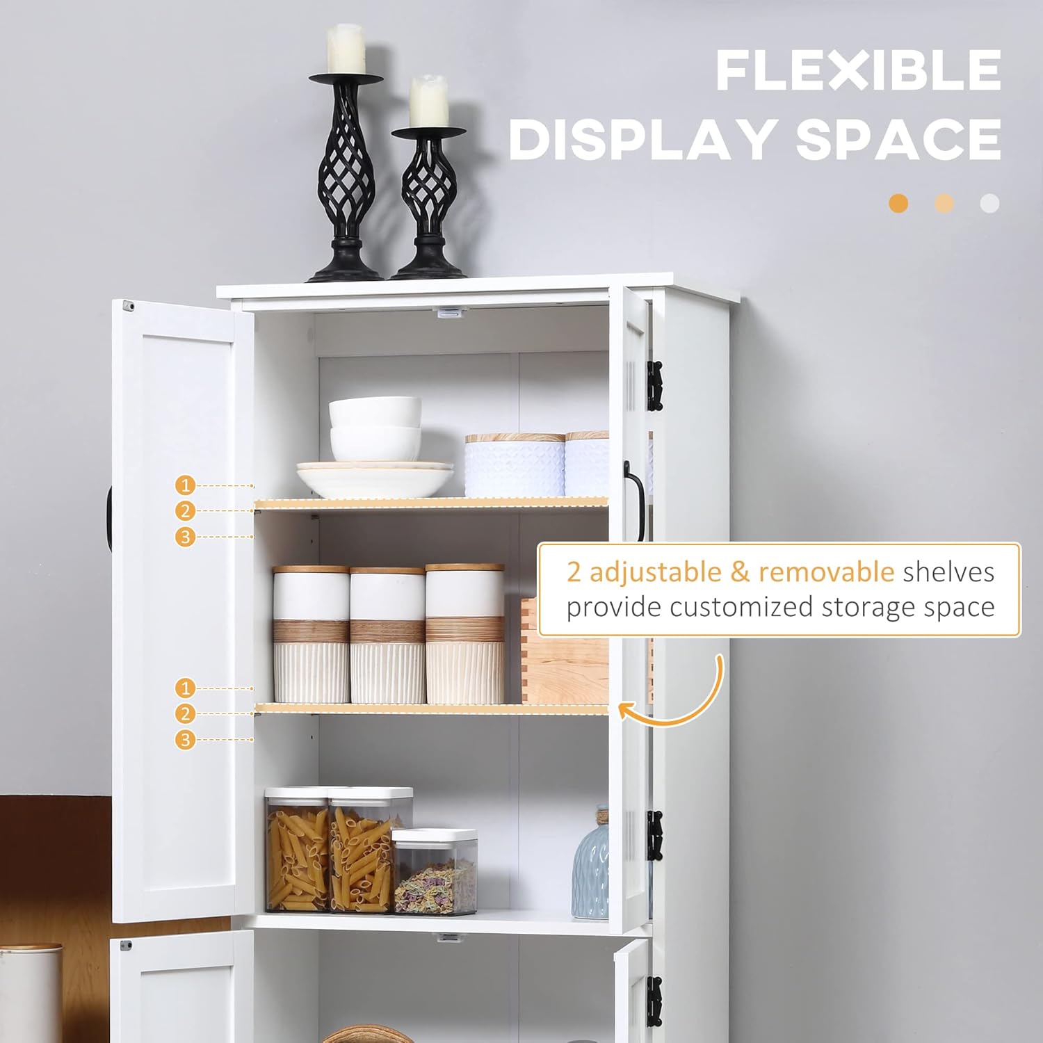 HOMCOM 48.5' Kitchen Pantry Cabinet with 2 Adjustable Shelves and 4 Beadboard Doors, Compact Farmhouse Kitchen Storage Cabinet for Dining Room, White
