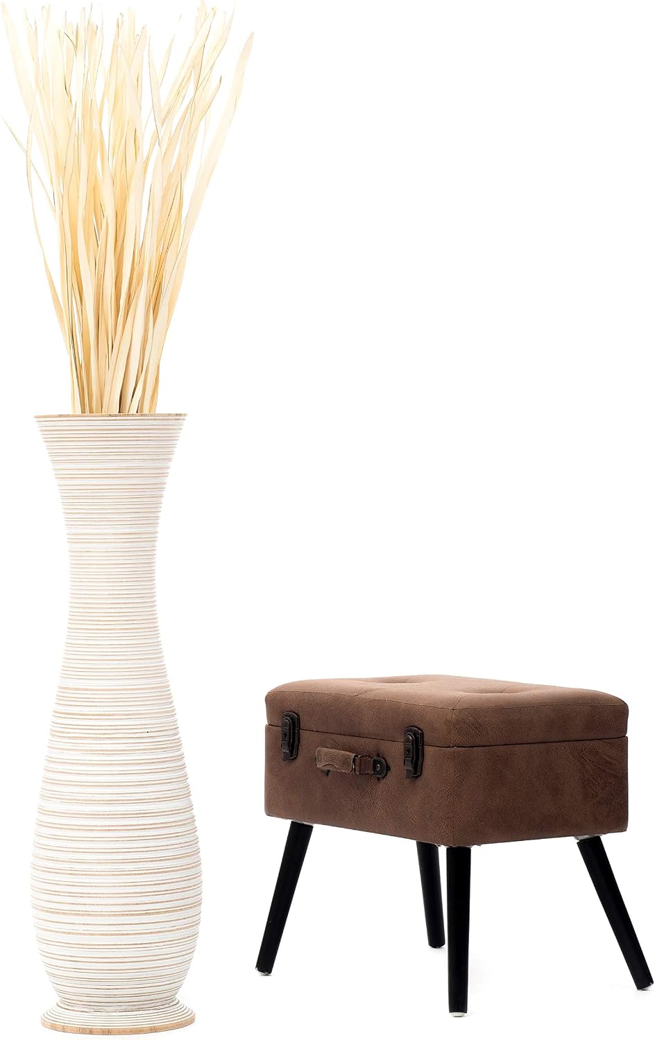 Leewadee Large White Wash Home Decor Floor Vase – Wooden 36 inches Tall Farmhouse Decor Flower Holder for Fake Plant and Pampas Grass