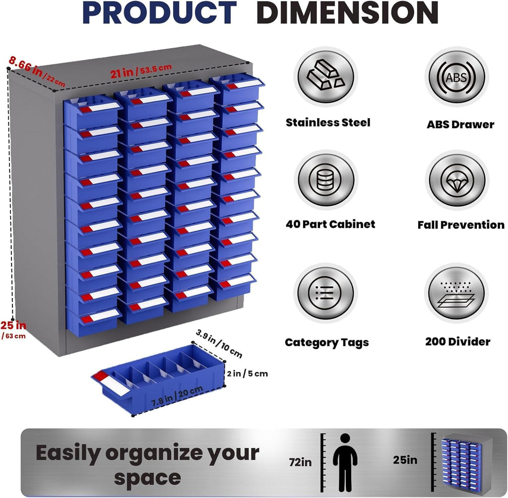 40 Drawers Industrial Nut and Bolt Organizer, Parts Cabinet with 200 Dividers & 80 Label Slots, ABS Drawers Multi-Use Bolt Bins Hardware Organizer System for Workshop, Warehouse and Office