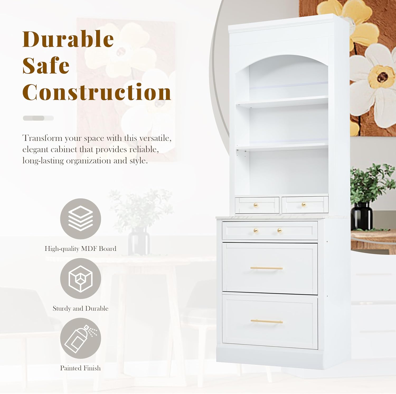 84' Freestanding Storage Cabinet with 5 Drawers, Kitchen Storage Bakers Rack with Faux Marble Top, Utility Food Cupboard with Adjustable Shelf for Kitchen Dining Room, White