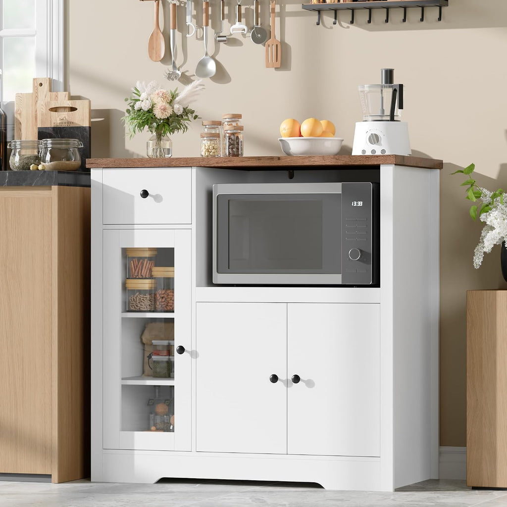 Senfot Kitchen Microwave Cabinet with Storage and Drawers, Modern Small Buffet Cabinet with Glass Doors and Adjustable Shelf, Wooden Sideboard with Wide Top for Dining Room, Living Room, White