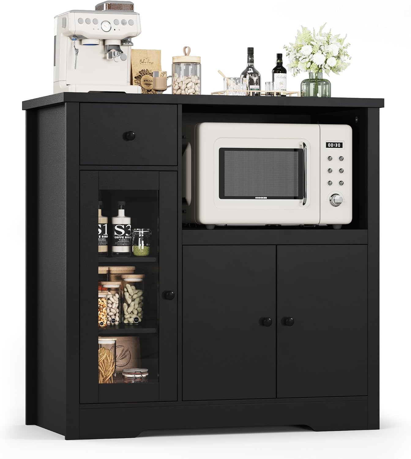 Senfot Kitchen Microwave Cabinet with Storage and Drawers, Modern Small Buffet Cabinet with Glass Doors and Adjustable Shelf, Wooden Sideboard with Wide Top for Dining Room, Living Room, Black