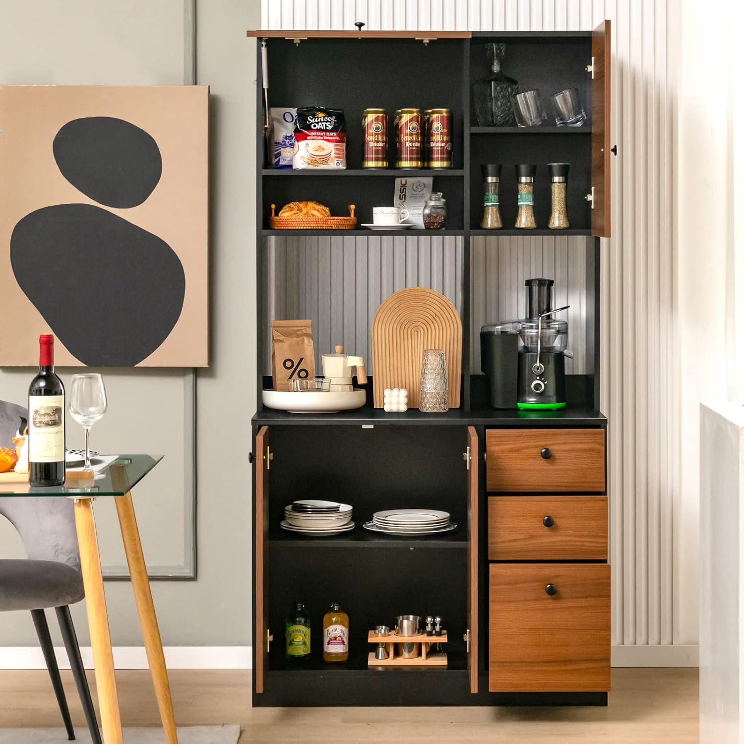 Giantex Kitchen Pantry, Buffet Hutch with 3 Storage Cabinet, 71'' Floor Large Cupboard with 3 Deep Drawers, Wide Countertop, Adjustable Shelves, Tall Sideboard (Walnut)