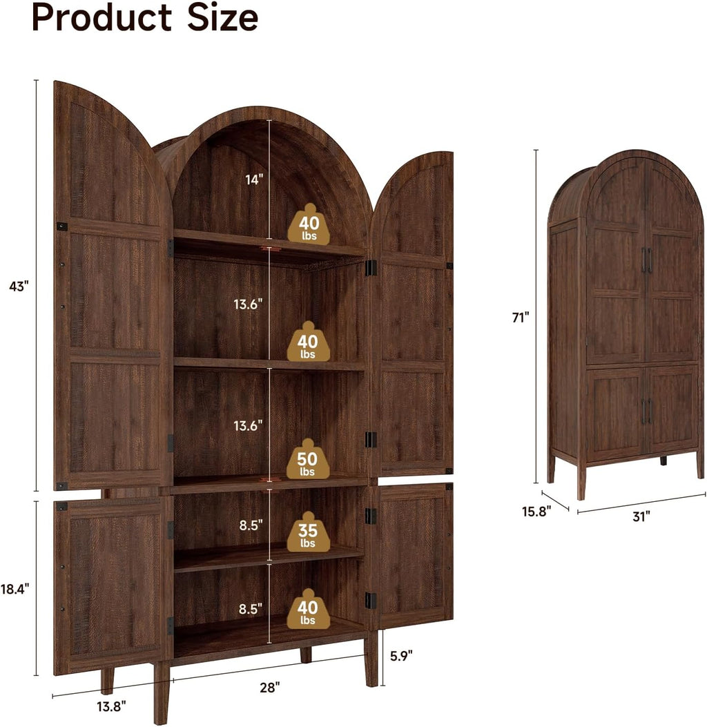 ONBRILL 71' Tall Wooden Arched Cabinet, 5-Tier Arched Kitchen Pantry Cabinet with Doors & Shelves, Farmhouse Kitchen Arch Cabinets with Adjustable Feet, Wooden Pantry Storage for Dining Room(Brown)
