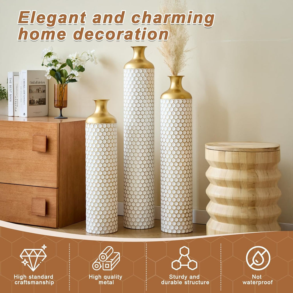 3-piece/Set Large Metal Floor Vases, Decorative Tall Set of 3 Handmade Vintage Modern Home Decor Center Vases Standing Flower Holder for Home Décor Indoor (White Gold Cellular)