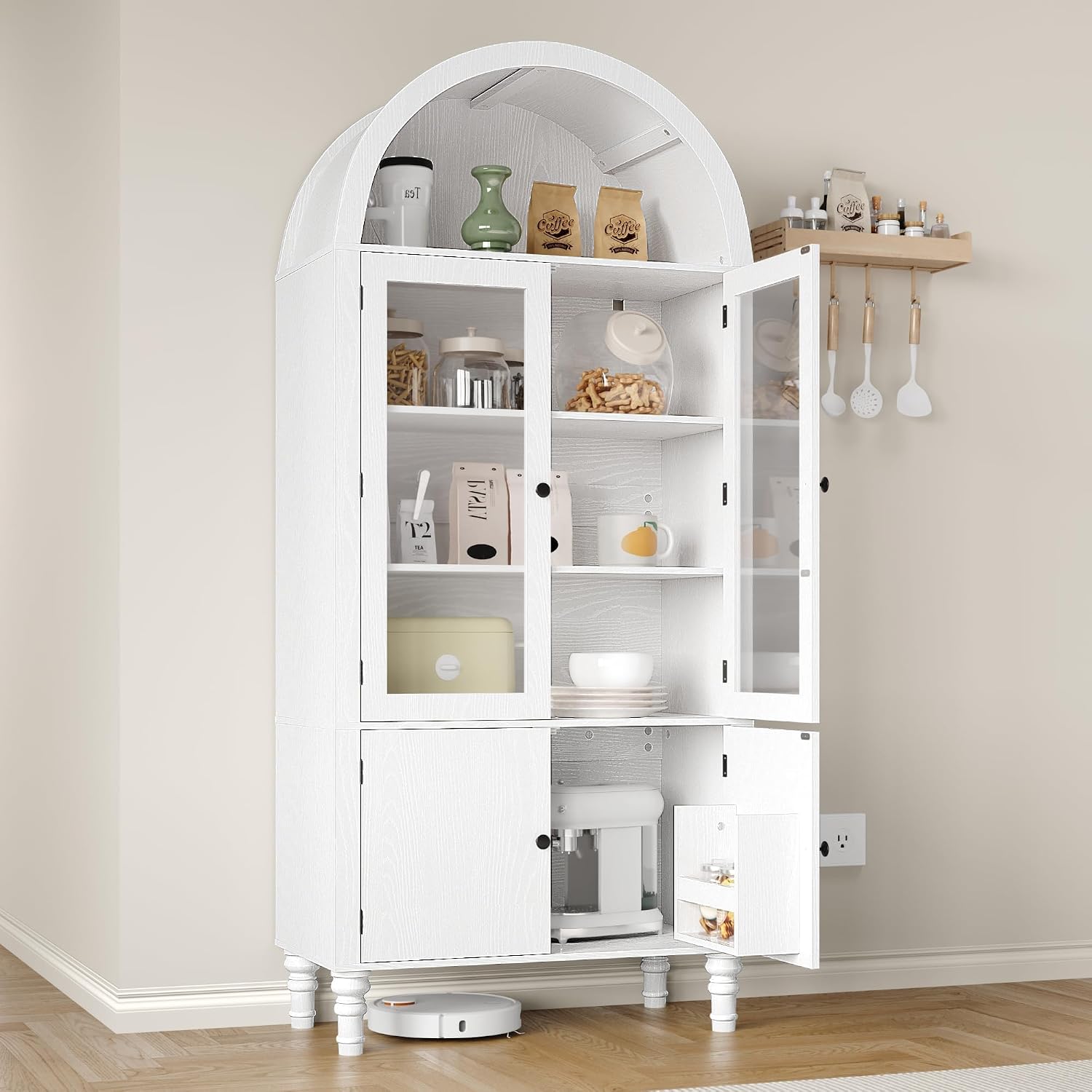 Furnify 71' Tall Arched Pantry Cabinet, Modern Kitchen Storage Cabinet with Doors, 3 Adjustable Shelves, Door Shelves, Organizer, Versatile Cupboard for Kitchen, Bathroom, White