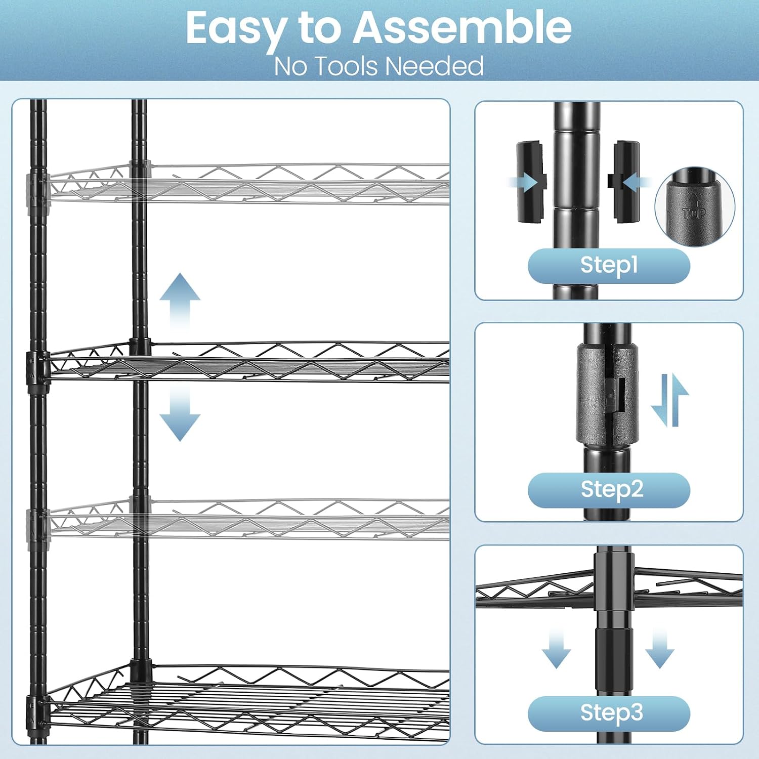 Himimi 6 Tier Storage Shelf Wire Shelving Unit Adjustable Rack Free Standing Organization with Leveling Feet, Stainless Side Hooks for Laundry Bathroom Kitchen Pantry Closet,2-Pack Shelves,Black