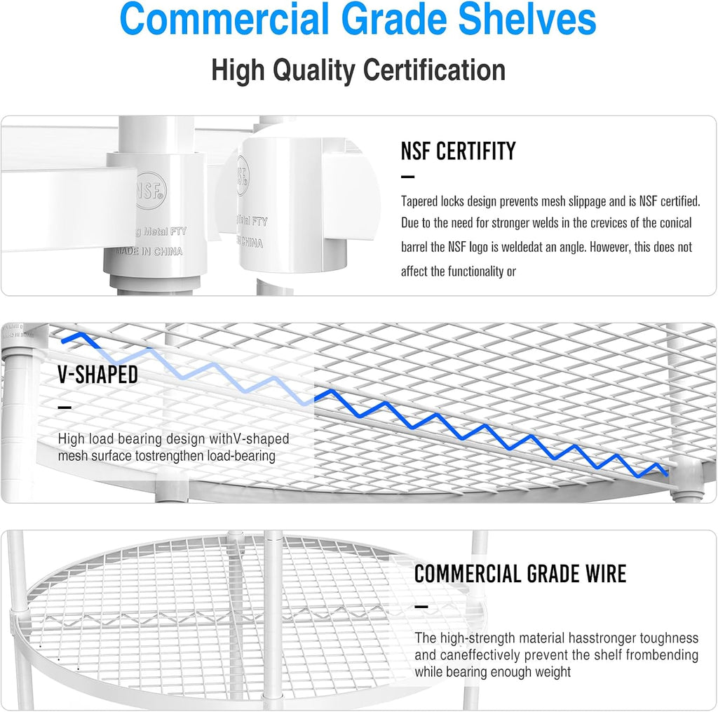White 6 Tier NSF Metal Round Wire Shelving Units with Shelf Liners, 2400lbs Storage Rack with 4 Wheels for Kitchen, Utility Room, Warehouse, 85.5' H x 30' L x 30' W