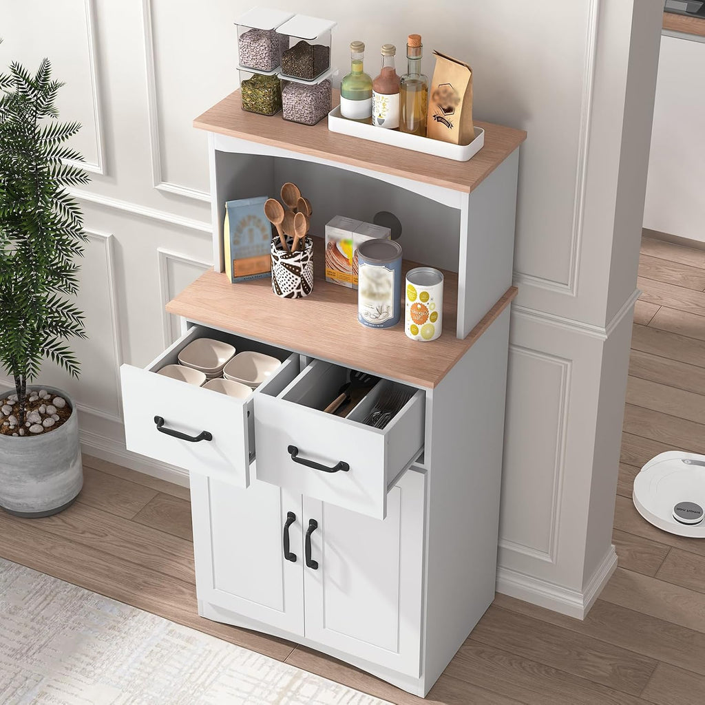 49' Kitchen Pantry Cabinet with Storage, Microwave Stand with 2 Drawers, Buffet Cabinet with Adjustable Shelf, Kitchen Hutch Storage Cabinet with Microwave Countertop for Dinning Room, White