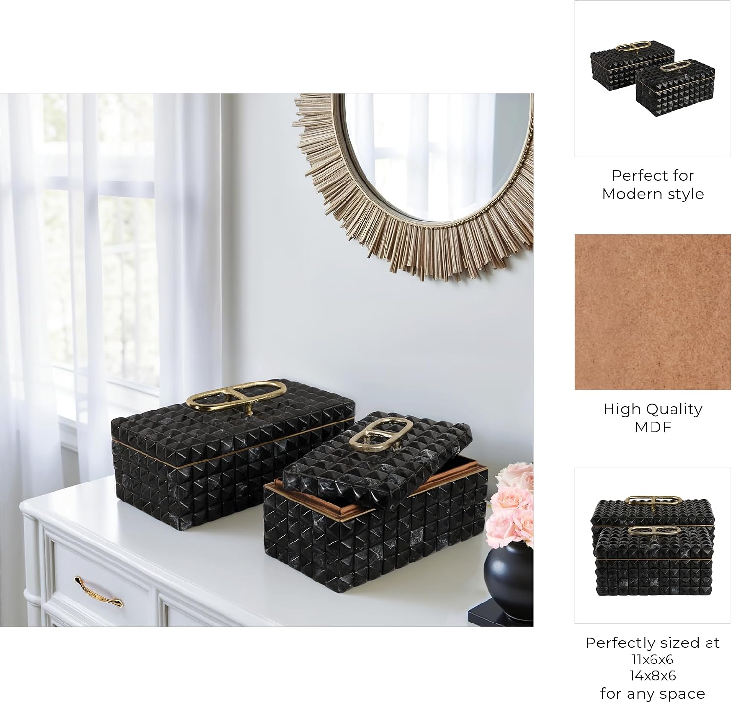 Decorative Jewelry Boxes for Home Decor – Elegant Keepsake and Storage Boxes with Lid – Studded Pattern Home Organizer for Living Room Decor, Bedroom, Office, or Shelf Set of 2 – 6' Gray & Gold