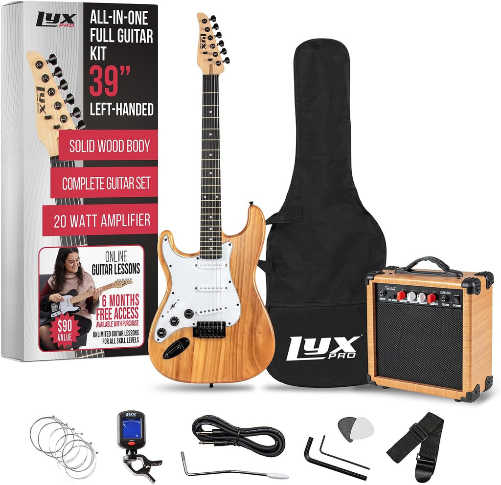 LyxPro Left Hand 39 Inch Electric Guitar and Starter Kit for Lefty Full Size Beginner's Guitar, Amp, Six Strings, Two Picks, Shoulder Strap, Digital Clip On Tuner, Cable and Soft Case - Natural
