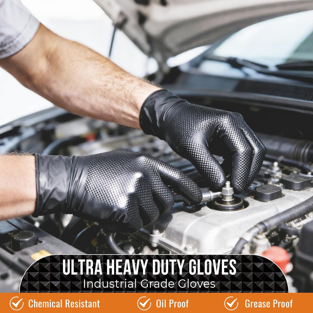 ANBOSON 10 Mil Nitrile Disposable Gloves Heavy Duty Mechanic Gloves Raised Diamond Texture Thick (Black of 1000, Medium)