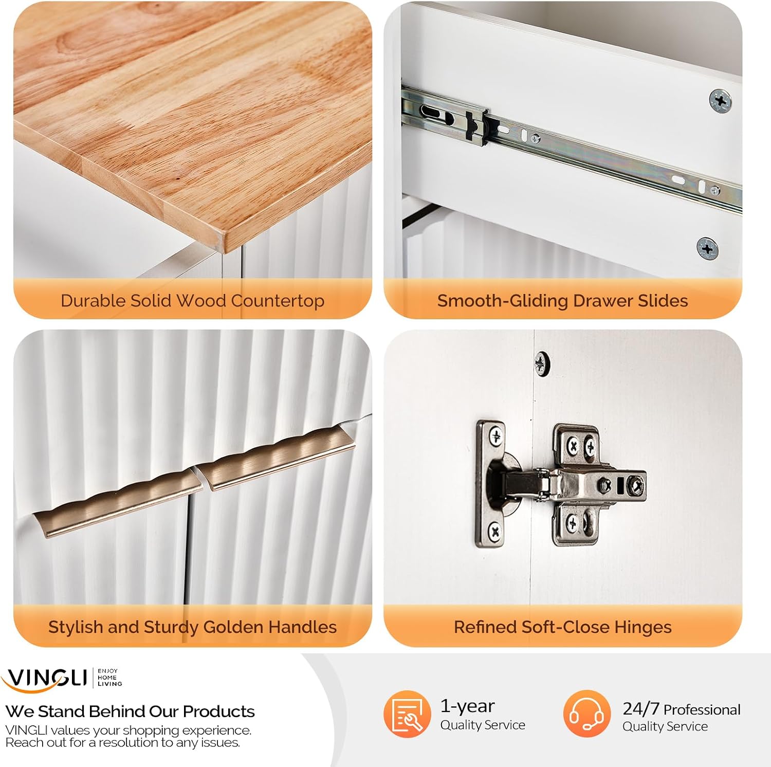 VINGLI Fluted Kitchen Island with Storage, Rolling Kitchen Cart on Wheels with 2 Drawers & 4 Doors, Adjustable Shelves, Portable Kitchen Island with Rubber Wood Top, White