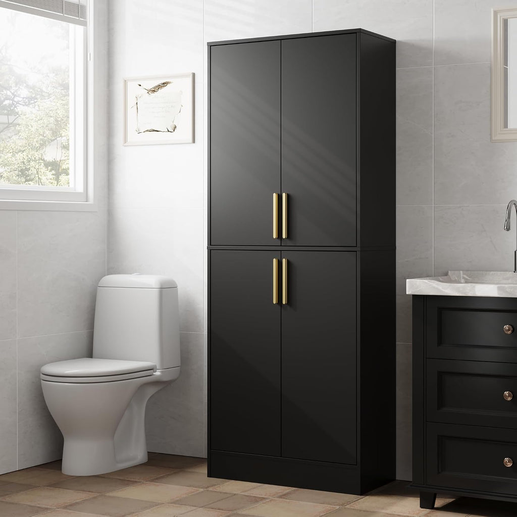 Housoul 71' Tall Pantry Cabinet, 4 Doors Kitchen Pantry Storage Cabinet, Freestanding Larder Cupboard, Kitchen Hutch with Gold Handles for Dining Room, Bathroom, Black