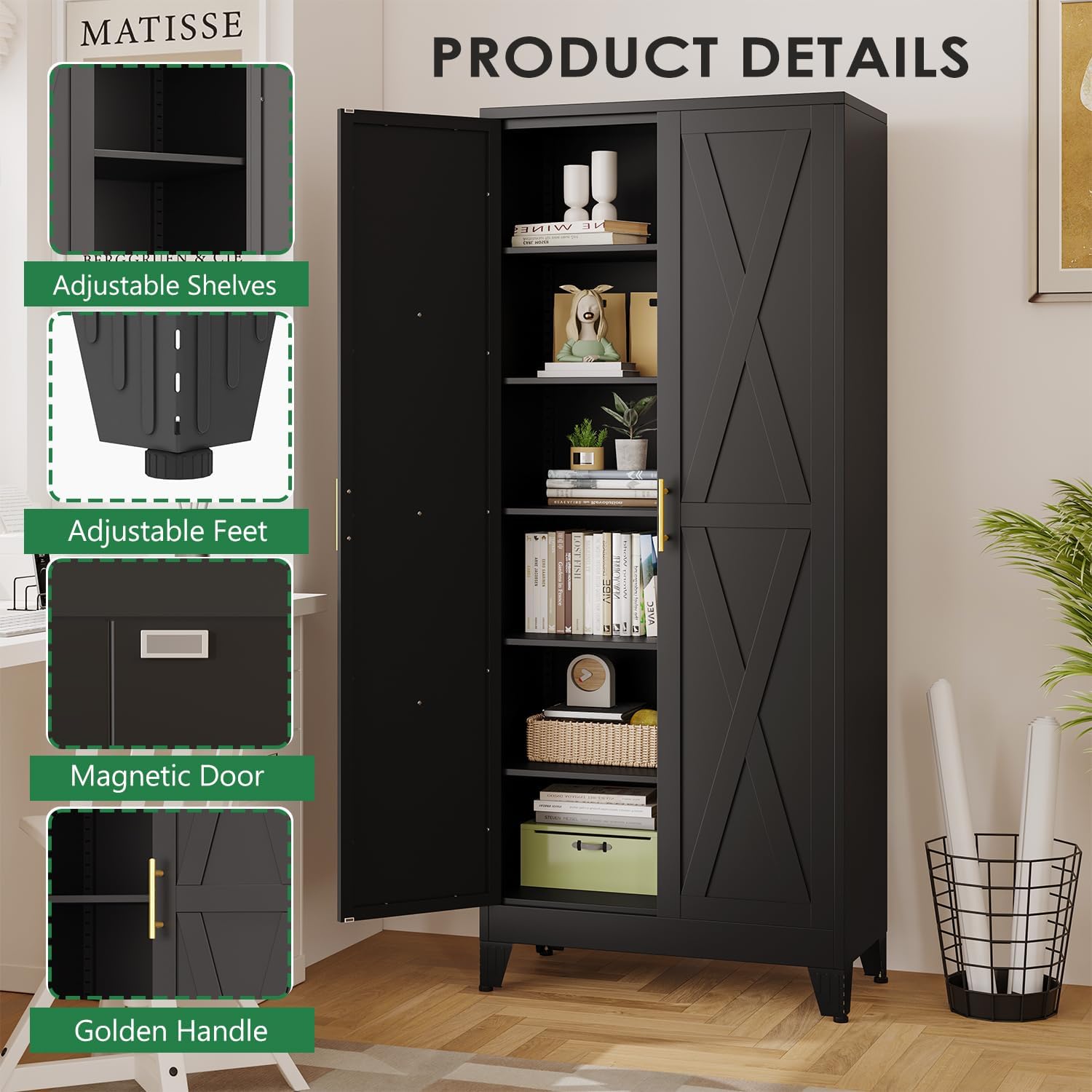 pozdeg 75' Tall Metal Kitchen Pantry Storage Cabinet with 2 Doors and 5 Adjustable Shelves, White Food Freestanding Cupboard for Kitchen, Dining Room, Bathroom and Garage (Black)