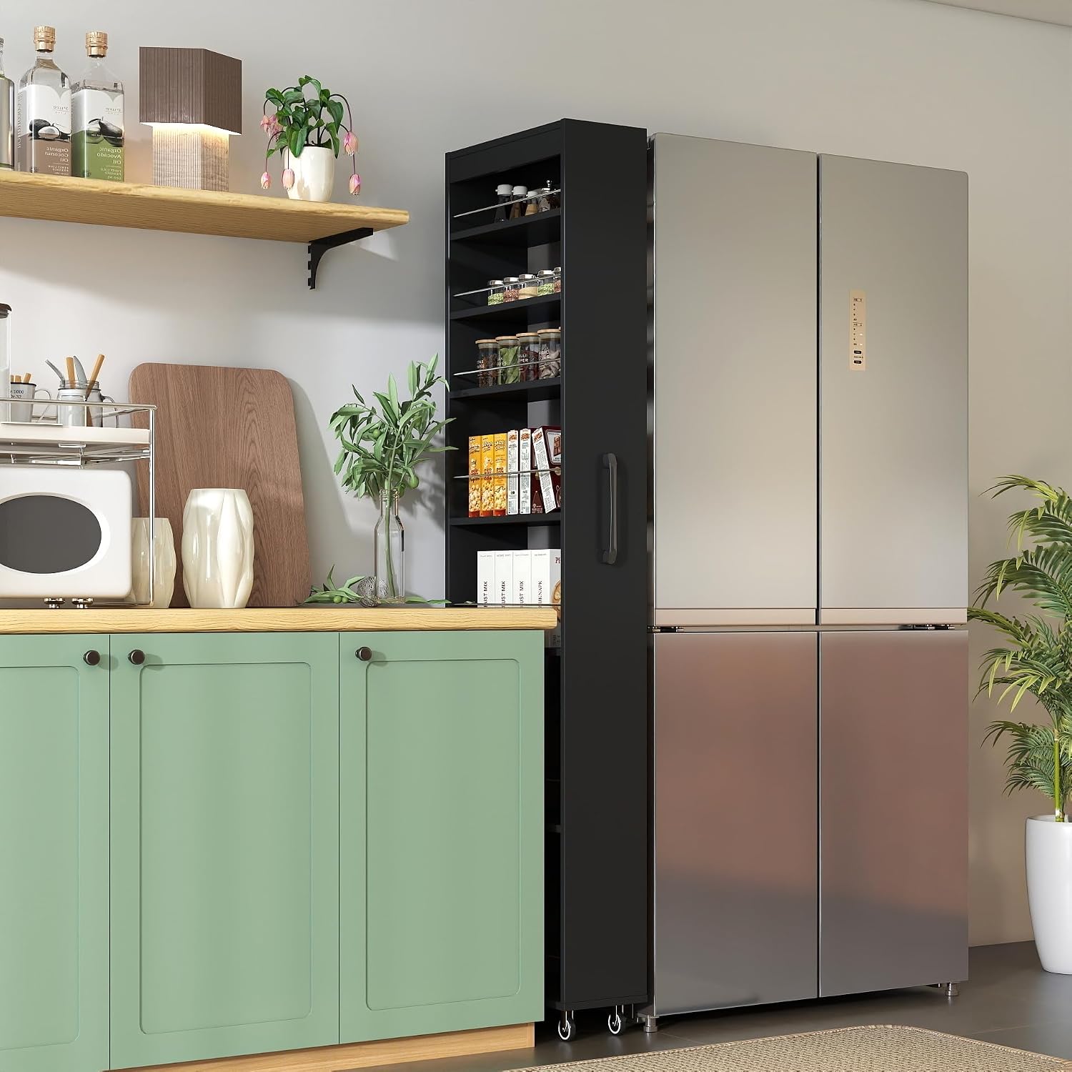 71' Mobile Rolling Design Freestanding Storage Cabinet, Kitchen Storage Bakers Rack with 7-Tier Open Shelves, Utility Food Cupboard with Narrow Space Fit for Kitchen Living Room, Black