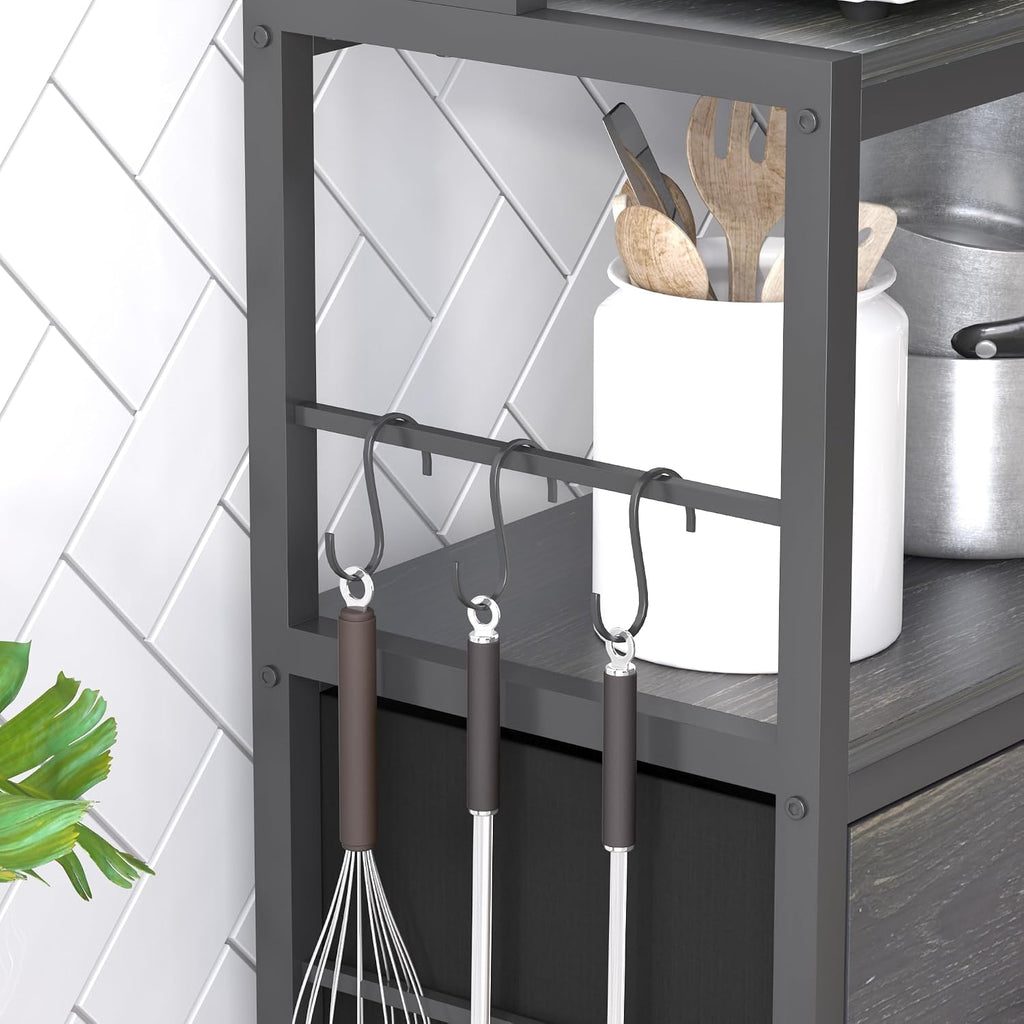 Kitchen Bakers Rack with Baskets,5-Tier Free Standing Storage Shelf Rack,Industrial Microwave Oven Stand,Metal Kitchen Rack Organizer with Hooks(Black)