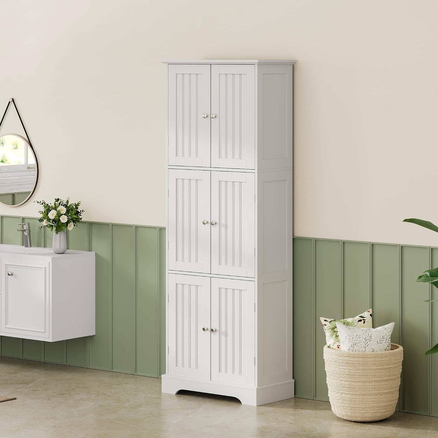 ChooChoo Tall Bathroom Storage Cabinet with 6 Doors, Freestanding Floor Cabinet with Adjustable Shelves, White Pantry Cabinet for Bathroom, Kitchen, Laundry Room