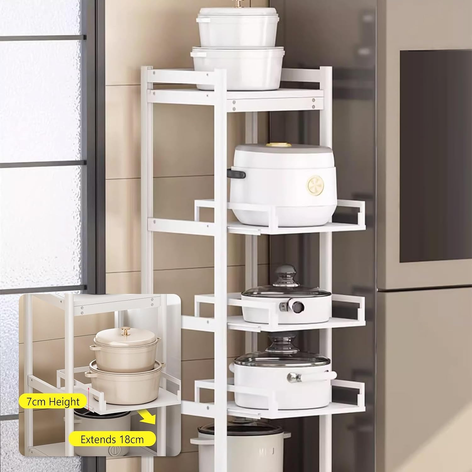 Kitchen Shelving Unit Adjustable Heigh, 5-Tier Food Corner Bakers Rack with Wheels, for Restaurant Laundry Bathroom Garage Warehouse