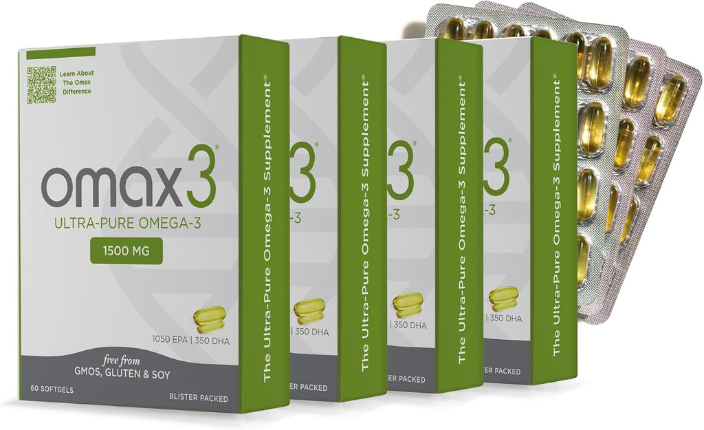 Omax3 Ultra-Pure Omega-3 Fish Oil Pills | High Concentration EPA DHA,1500 MG, Gluten Free, Non-GMO, Made in USA, 240 Softgels Blister Packs (4 Boxes)