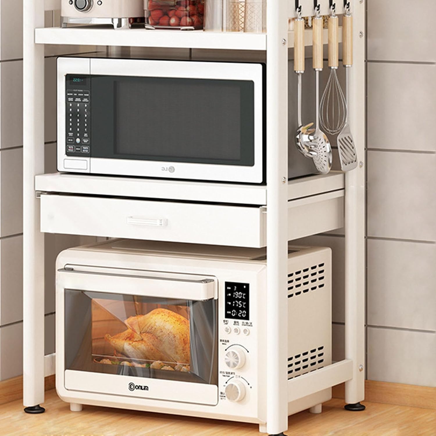 2/3 Tier Microwave Stand,Microwave Oven Rack with 4 Storage Boxes and 4 Hooks,Kitchen Bakers Rack with Sliding Drawer,Microwave Rack for Kitchen Living Dining(23.23 * 15.28 * 33.07in, A)