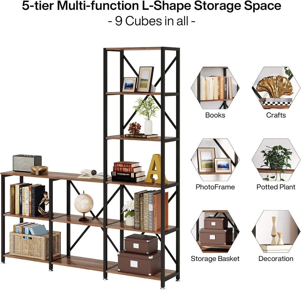 Tribesigns 5-Tier Ladder Staggered Bookshelf, Industrial Corner Bookcase with 9 Open Shelves, Modern Display Rack Storage Shelf for Home & Office