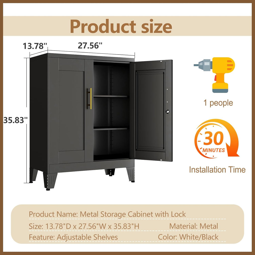 GAIOUS Black Metal File Cabinet with Lock (Two Units), Steel Storage Cabient with 2 Doors and 2 Adjustable Shelves, Multifunctional Locked Cabinet for Home/Office/Garage/Tool Room, Accent Furniture