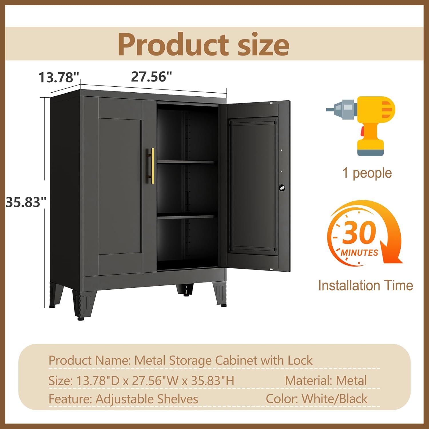 GAIOUS Black Metal File Cabinet with Lock (Two Units), Steel Storage Cabient with 2 Doors and 2 Adjustable Shelves, Multifunctional Locked Cabinet for Home/Office/Garage/Tool Room, Accent Furniture