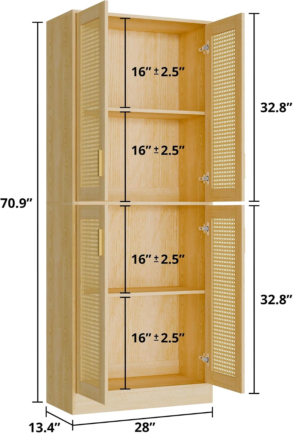 Cozy Castle Kitchen Pantry Cabinet, 71' Tall Rattan Doors Storage Cabinet and Adjustable Shelves, Modern Farmhouse Wood Cupboard Utility Hutch for Kitchen, Dining Room, Living Room (Oak)