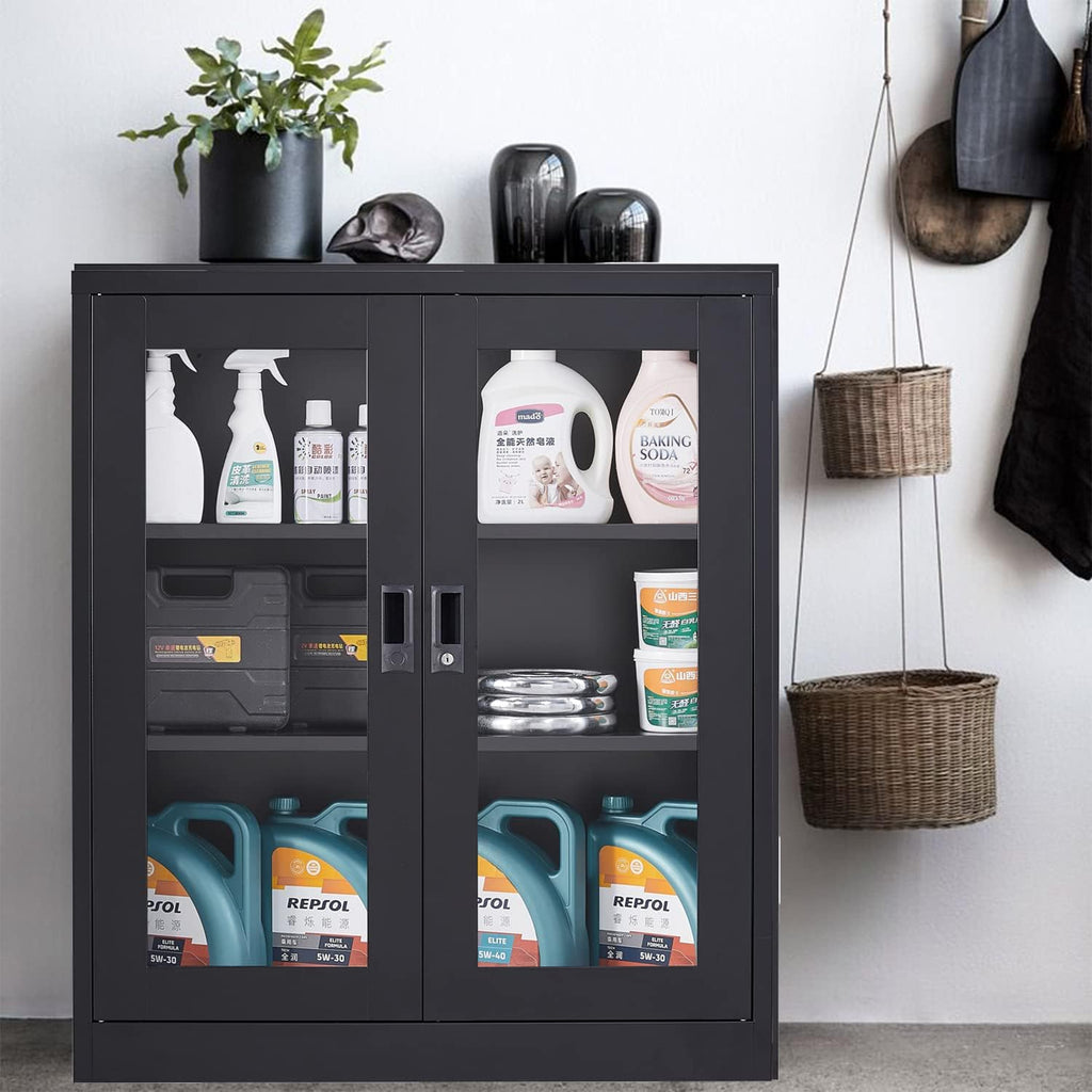 SISESOL Black Metal Storage Cabinet with Doors and Shelves,36 inch Locking Display Cabinet with Acrylic Doors,Office Cabinets with Lock,Sideboard Cabinets for Home Office,Living/Dining/Utility Room,