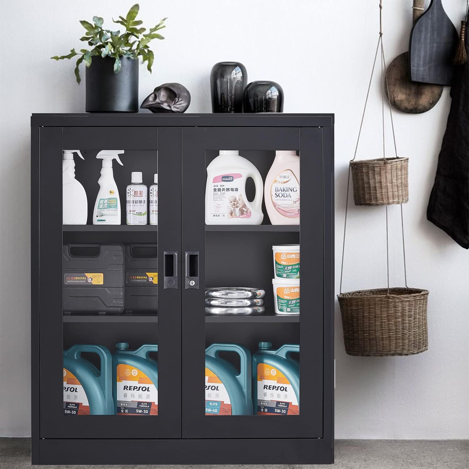 SISESOL Black Metal Storage Cabinet with Doors and Shelves,36 inch Locking Display Cabinet with Acrylic Doors,Office Cabinets with Lock,Sideboard Cabinets for Home Office,Living/Dining/Utility Room,