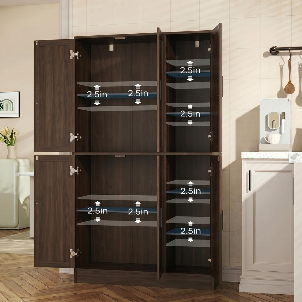holzart 63' Tall Kitchen Pantry Cabinet, Freestanding Dining Room Storage Hutch with 4 Doors and Adjustable Shelves, Modern Utility Cupboard for Coffee Bar and Microwave, Brown