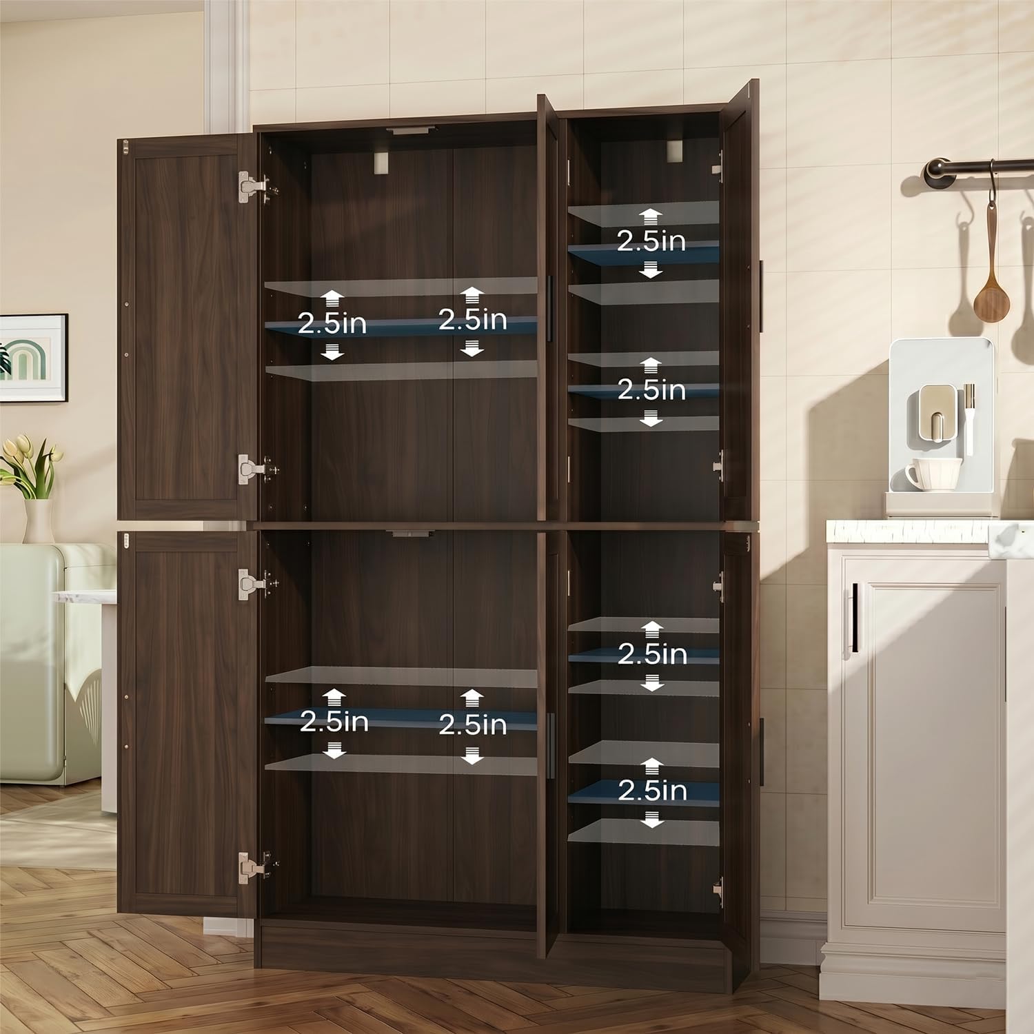 holzart 63' Tall Kitchen Pantry Cabinet, Freestanding Dining Room Storage Hutch with 4 Doors and Adjustable Shelves, Modern Utility Cupboard for Coffee Bar and Microwave, Brown