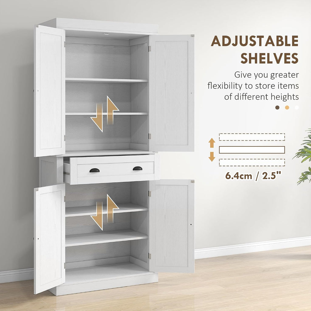 HOMCOM 72.5' Kitchen Pantry Cabinet, Traditional Freestanding Storage Cabinet with 4 Doors, Drawer and 3 Adjustable Shelves for Dining Room, White Wood Grain