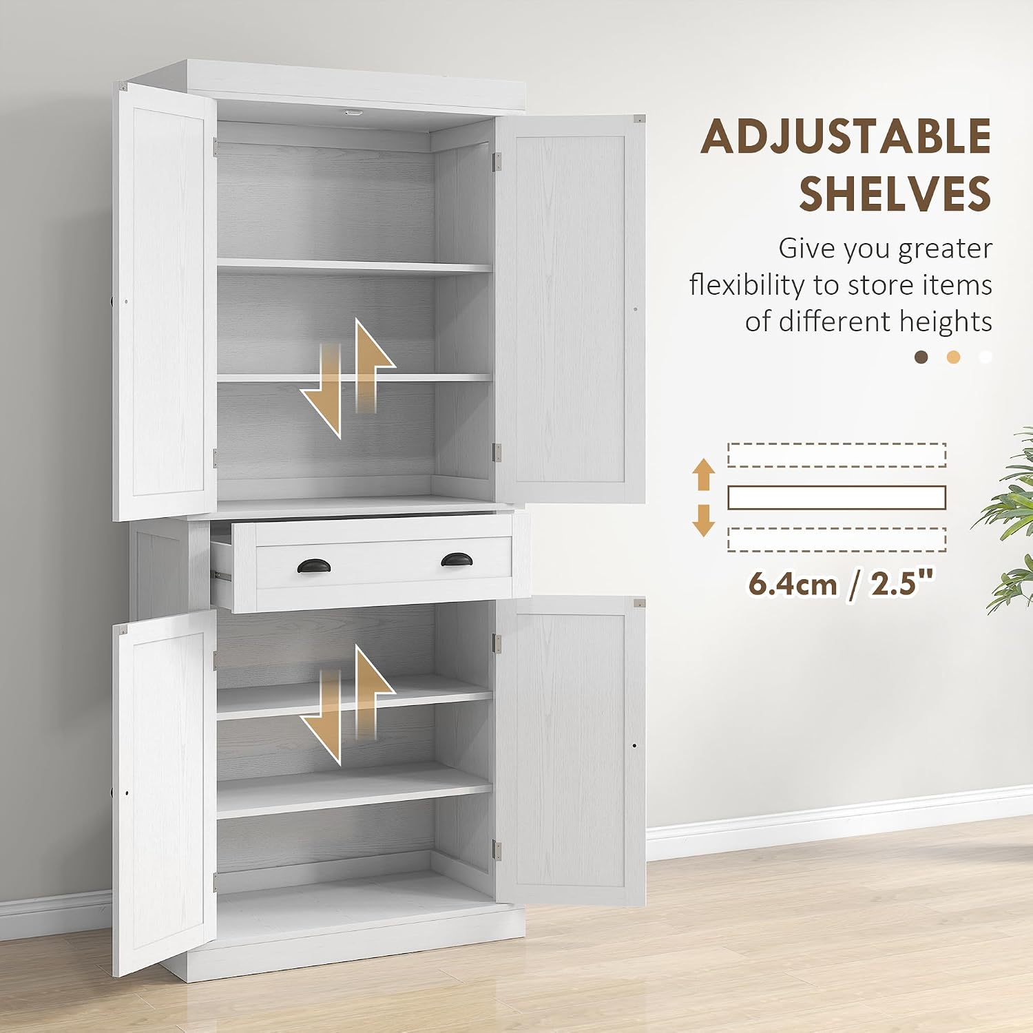 HOMCOM 72.5' Kitchen Pantry Cabinet, Traditional Freestanding Storage Cabinet with 4 Doors, Drawer and 3 Adjustable Shelves for Dining Room, White Wood Grain