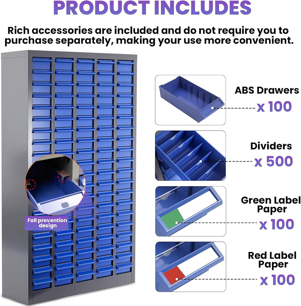 100 Drawers Stainless Steel Nut and Bolt Organizer, Parts Cabinet with Adjustable Shelves and Label Stickers, Bolt Organizer for Nuts Bolts Parts Screws Small Items (100 Drawers)