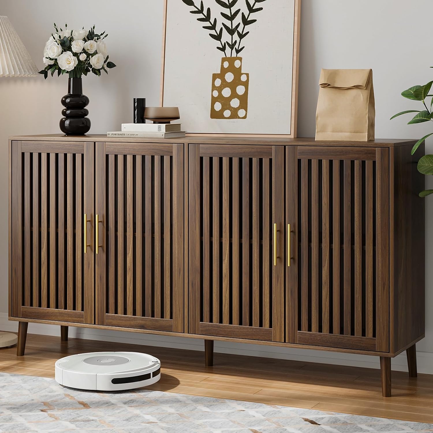 Buffet Cabinet with Storage, 63' Walnut Sideboard with Grille Doors&Adjustable Shelf, Wood Coffee Bar Storage Cabinet for Kitchen Living Room Entryway