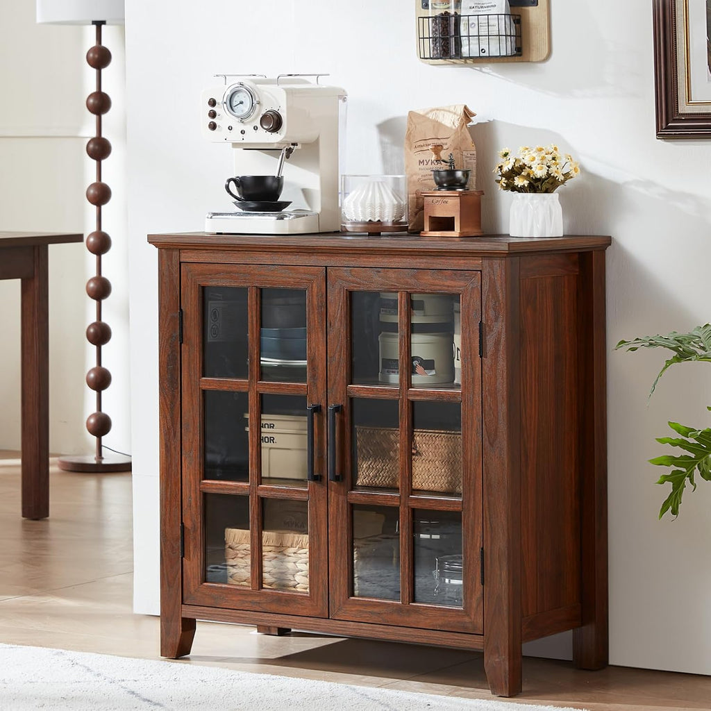 Joaxswe Large Sideboard Buffet Cabinet with Storage, 32' Farmhouse Brown Kitchen Coffee Wine Bar Cabinet with 2 Glass Doors, Wood Mid Century Modern Side Board Table for Dining Room, Living Room