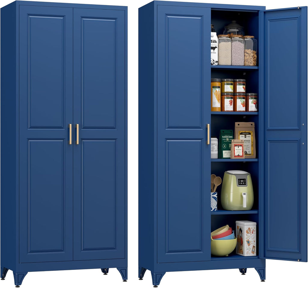 Polup Metal Storage Cabinet,75' Tall Kitchen Pantry Storage Cabinet with Doors and Adjustable Shelves, Blue Metal Pantry Cabinets, Large Cupboard for Kitchen, Dining Living Room, Bathroom, Office