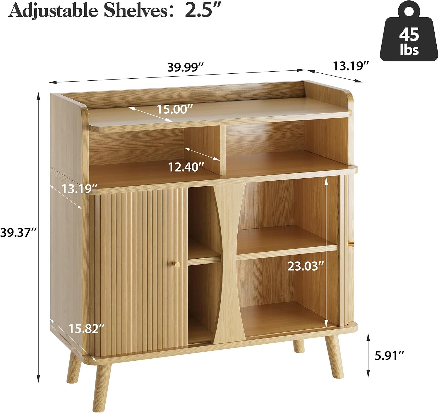 Decofy 39' Buffet Sideboard Cabinet, Mid Century Modern Console Cabinet with Roller Shutter Sliding Doors & Adjustable Shelves for Kitchen Cabinets, Living Room, Entryway, Coffee Bar Cabinet (Oak)