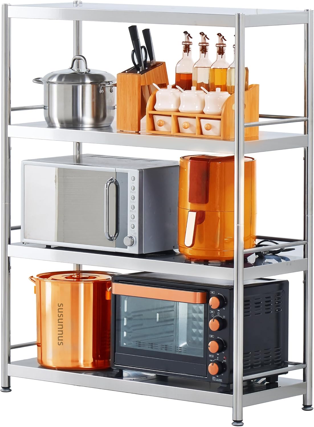 susunnus 23.6in Wide Heavy Duty Shelving Unit,4 Tier Stainless Steel Shelves, Industrial Storage Rack for Kitchen Garage, Steel Rack Shelving Unit for Home and Workshop(23.6in 4T-with Guardrails)