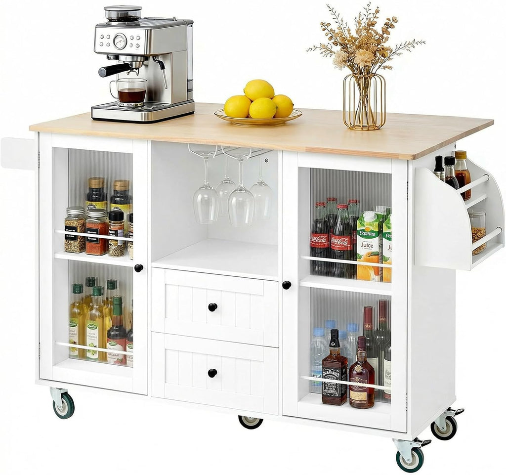 EVLIQUIL Kitchen Island Cart with Storage Cabinet & Drop Leaf, 50.4' Rolling Kitchen Table with Spice Rack & Towel Rack and Drawer, Portable Islands on Wheels, White