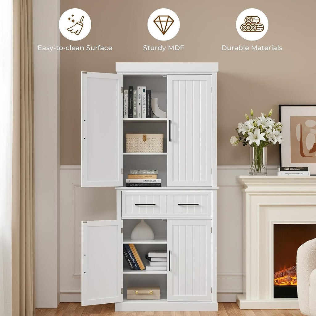Yaheetech Kitchen Pantry Storage Cabinet with 4 Doors and 2 Adjustable Shelves, 72.5' Freestanding Tall Cupboard Cabinet with Drawer for Dining/Living Room, White