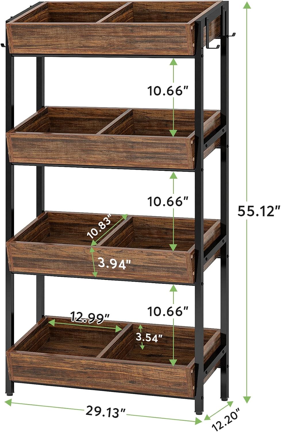 Tribesigns Wood Fruit and Vegetable Basket Stand Rack for Kitchen, Office, Store, Supremarket, Pantry Shelf Unit for Snacks, 4-Tier Wooden Utility Storage Shelves Set of 2 (Brown+Black)