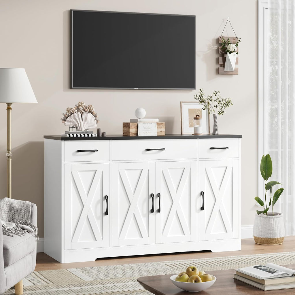 HOSTACK Buffet Sideboard Cabinet with Drawers, 55' Large Buffet Storage Cabinet with Shelves and Doors, Modern Farmhouse Coffee Bar Station Wood Kitchen Table for Kitchen, Dining Room, White/Black