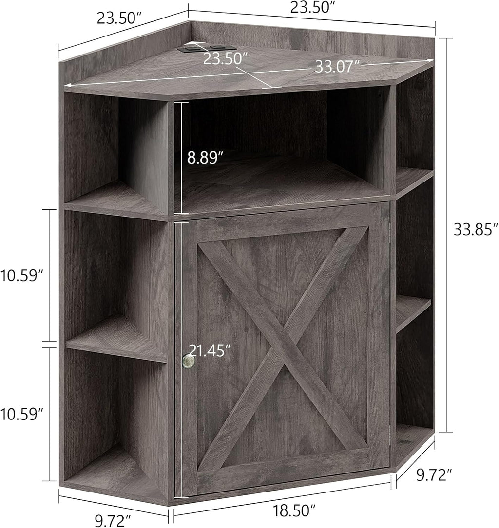 Vabches Corner Cabinet, Corner Storage Shelf with USB Ports and Outlets Industrial Organizer for Small Space Wooden 6-Cubby Bookshelf for Study, Playroom, Living Room (Rustic Grey)