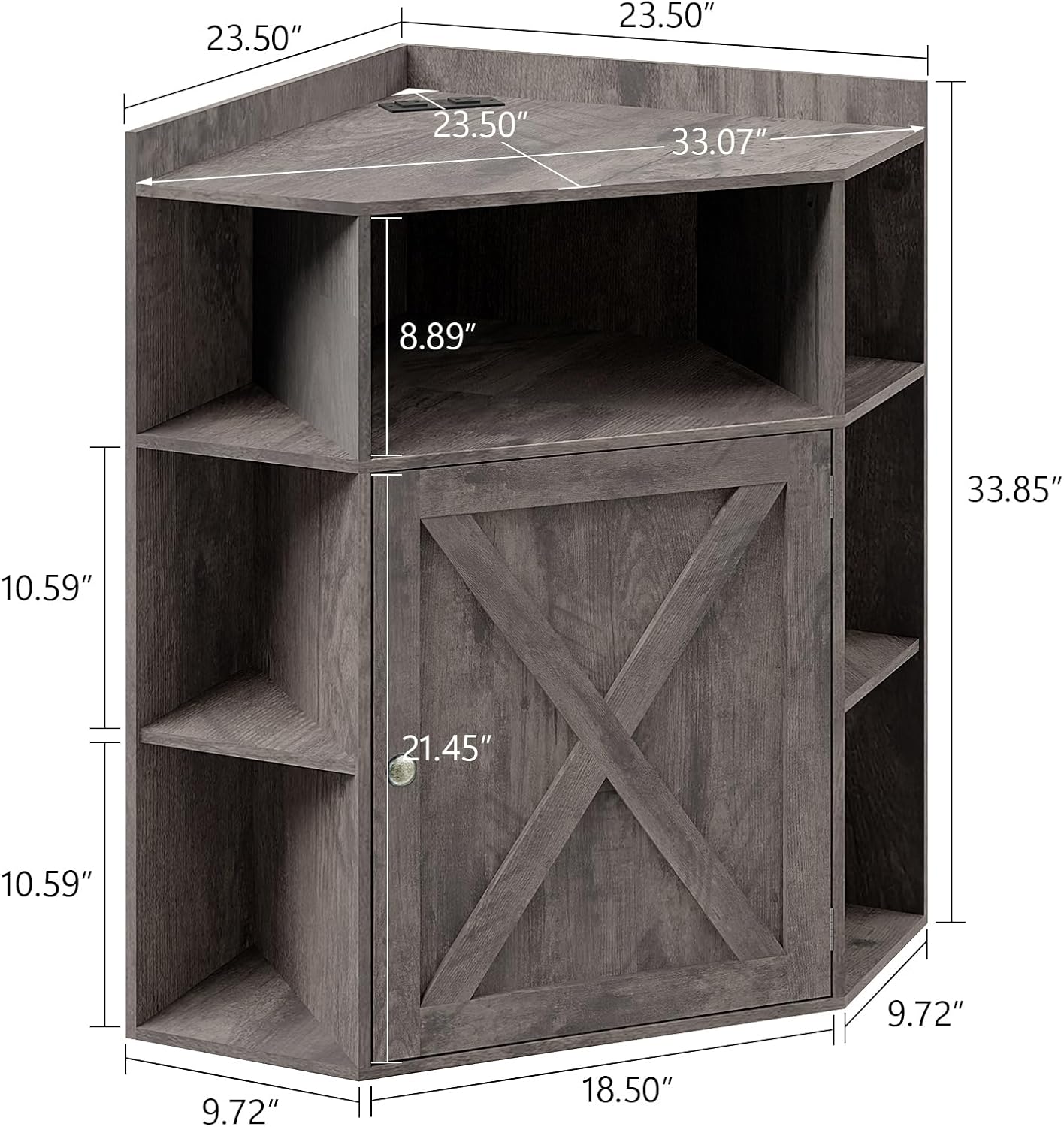 Vabches Corner Cabinet, Corner Storage Shelf with USB Ports and Outlets Industrial Organizer for Small Space Wooden 6-Cubby Bookshelf for Study, Playroom, Living Room (Rustic Grey)