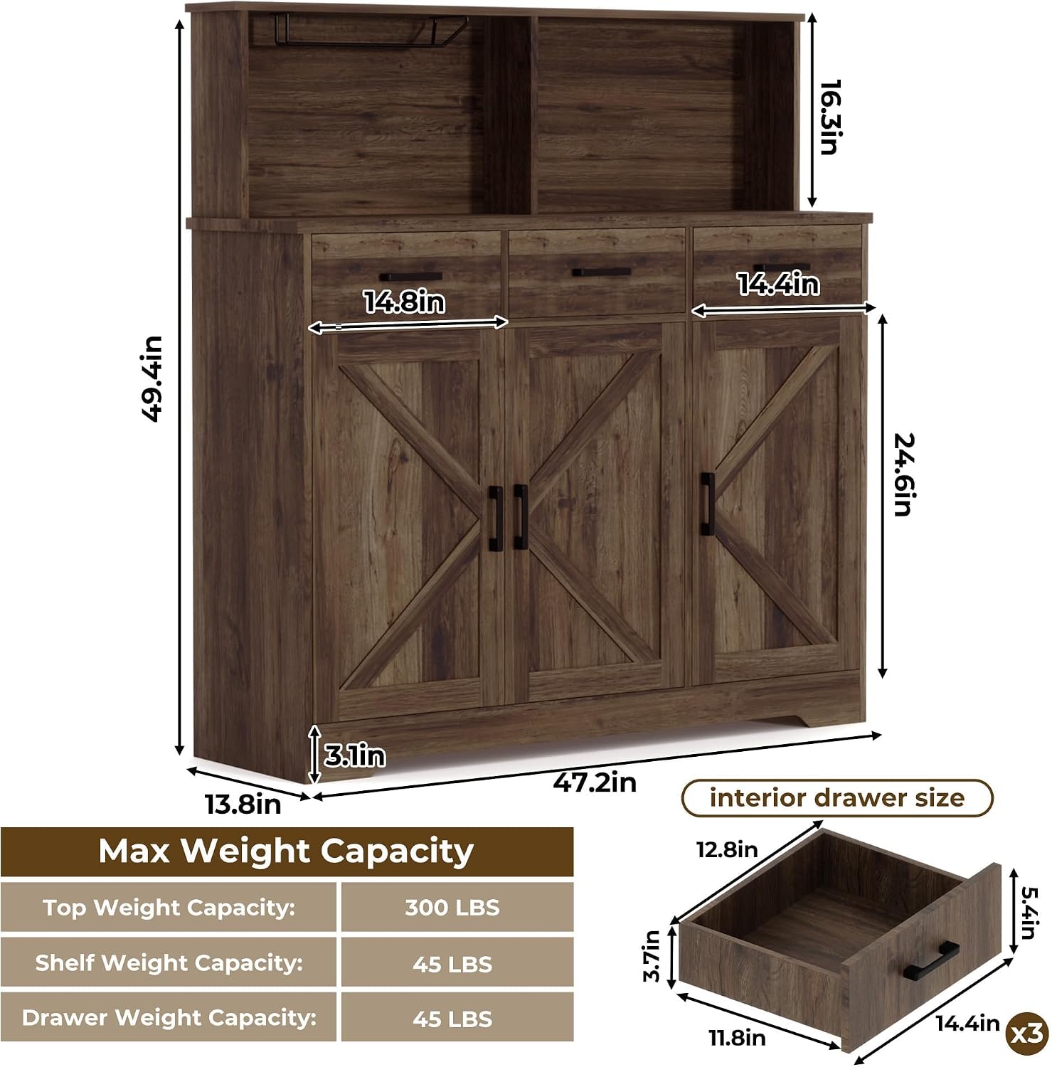 GarveeHome Farmhouse Sideboard Buffet with Microwave Stand, Barn Doors Buffet Storage Cabinet with Drawers and Shelves, Wood Coffee Bar Cabinet for Kitchen, Dining Room, Living Room, Brown