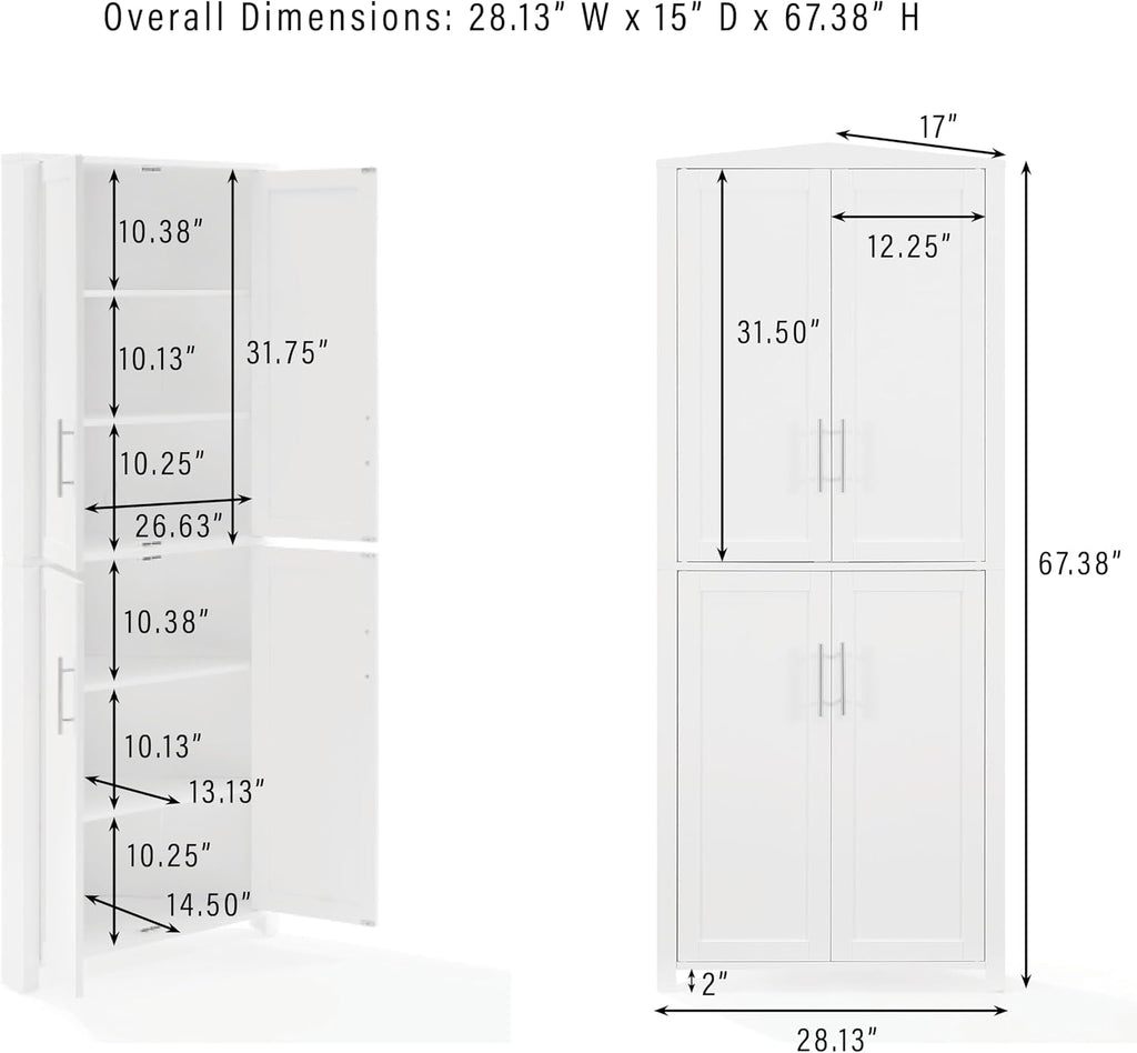 Crosley Furniture Savannah Traditional Corner Pantry Storage Cabinet with Shelves, Kitchen, Dining, Laundry, White
